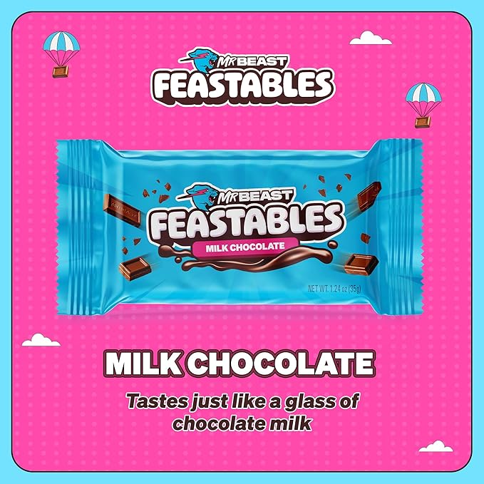 Feastables MrBeast Milk Chocolate Chocolate Bar, Full Size Bar for Adults & Kids, Candy Bars, Snacks, Gifts, or Dessert, Sweet & Creamy Fairtrade Cocoa, 1.24 Oz Each, 24 Count