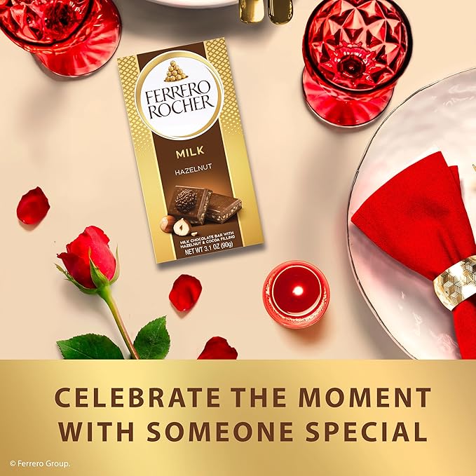 Ferrero Rocher Milk Chocolate Hazelnut Bar, with Cocoa Filling , Valentine's Day Chocolate Gift, 8 Pack, 3.1oz Each