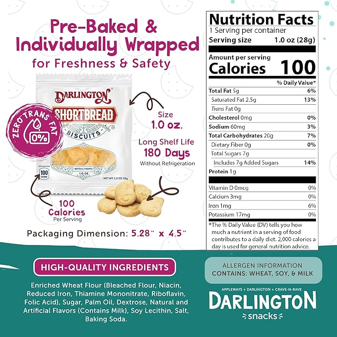 Darlington Snacks Individually Wrapped Shortbread Cookies Biscuit Bites, 1.0 Oz Butter Short Bread Cookies, Made in USA, 108 Count (6.75 lbs Total)