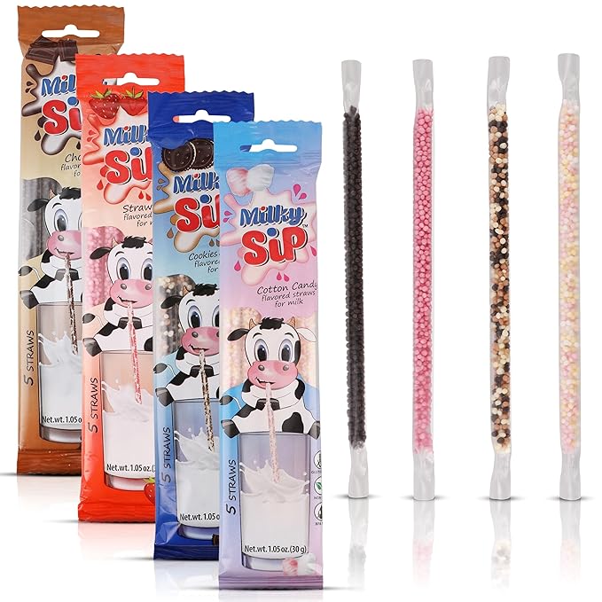 20 Milky Sip Flavored Straws for Milk - 4 Packs of Milk Flavoring Straws, 5 Each Chocolate, Strawberry, Cotton Candy, Cookies & Cream. Magical Flavor Makes Children Eager and Love to Drink Milk