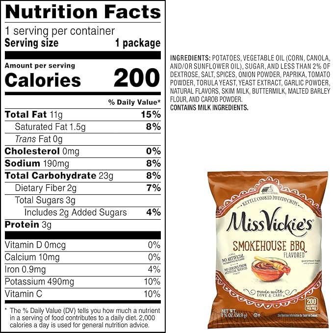 Miss Vickie's Kettle Cooked Potato Chips, Smokehouse BBQ Flavored , 1.375 Ounce (Pack of 64)