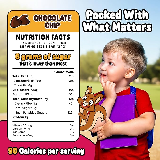 Snakkidz Organic Chewy Granola Bars for Kids, Allergen-Free, Nut-Free, Gluten-Free, Low Sugar Snack Bars Made with Avocado Oil, Individually Wrapped, School Lunch Snacks, Bulk Pack of 45, Chocolate Chip