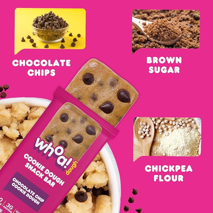 Whoa Dough Edible Cookie Dough Bars- Certified Non-GMO, Kosher and Gluten Free Bars - Healthy Snack Foods - Plant Based Snacks Made With Real Ingredients - Chocolate Chip Cookie Dough - 4 Pack