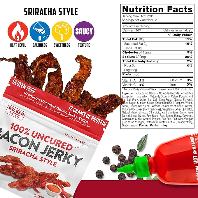 Sriracha Flavored Bacon Jerky, 12g Protein Per Bag, Tender & Easy to Chew Fully Cooked Bacon, USA Made, High Protein Carnivore Snacks (2 Bags)
