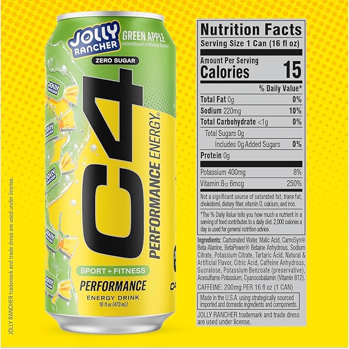 Cellucor C4 Performance Energy Drink | Jolly Rancher Variety Pack | Zero Sugar Carbonated Preworkout Energy | 200mg Caffeine with Beta Alanine | 16 Fl Oz Can (12 Pack)