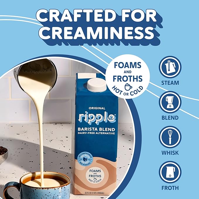 Ripple 32 oz Plant Based Milk 8g of Quality Sourced Pea Protein, Calcium Rich | Shelf Stable | Vegan & Non GMO Certified | Dairy, Soy, Nut, Gluten, & Lactose Free (Pack of 6) (32 Fl Oz (Pack of 6), Barista)
