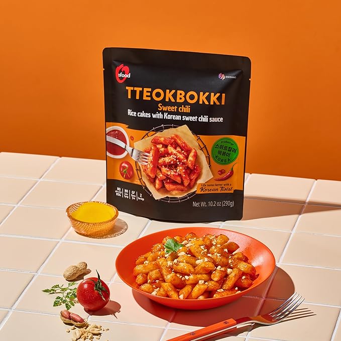 Tteokbokki Korean Rice Cakes – [Sweet Chili | Pack of 1] – Gluten Free | Ready in 3 Minutes | 0 Cholesterol/ 0 Trans Fat | 2 Servings Spicy Street Snack | Healthy/Savory/Spicy - O’food