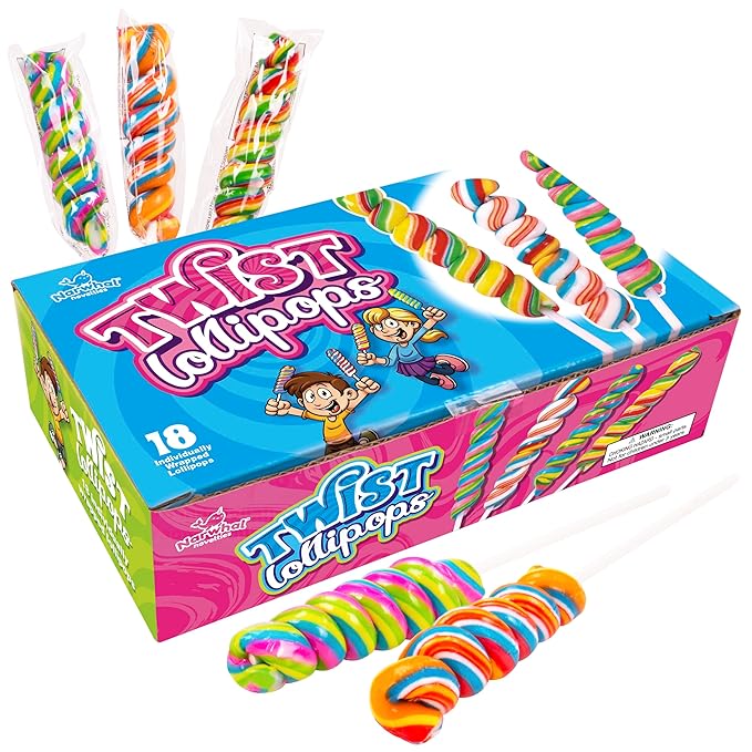 Rainbow Twist Lollipops Swirl 18 PCS- Spiral Twisty Lollipop - Bulk Lolipop Candy Suckers Treats - Swirly Candies for Birthdays Party Favors and Goodie Bags - Easter Basket Fillers for Kids