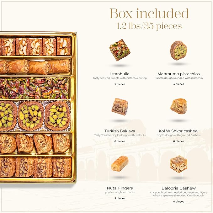 Damaskino Home Assorted Turkish Baklava Gift Box – 1.1lb (500g) 35 Pieces – Traditional Pistachio Baklava Pastry with Walnut & Cashew Fillings – Authentic Middle Eastern Sweets – Pistachio Gift Box