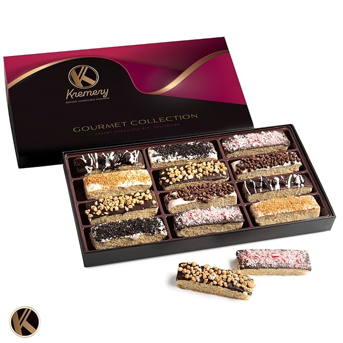 KREMERY Creamy Chocolate Cravings - Valentines Day Chocolate Covered Biscotti Cookies Gift Basket, in Elegant Gift Box (12 Biscotties, Assorted Sweet Toppings) Sweet Treats Food Arrangement, Kosher