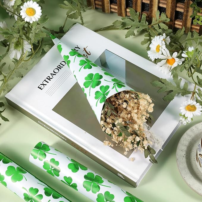 Fabllewavi 1 Roll Shamrock Wrapping Paper Mini Roll - 17in x 32.8Ft Reversible Green Clover Pattern Gift Wrap Paper for St. Patrick's Day DIY Crafts Irish Party Supplies
