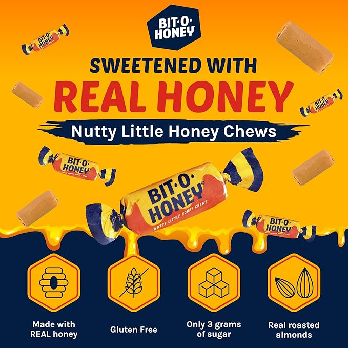 Bit O Honey Candy - Individually Wrapped Honey Taffy with Roasted Almond Bits, Gluten-Free, Classic Bite-Sized Treats, Sweet and Chewy Taffy Candy Bulk Bag - 5 LBS
