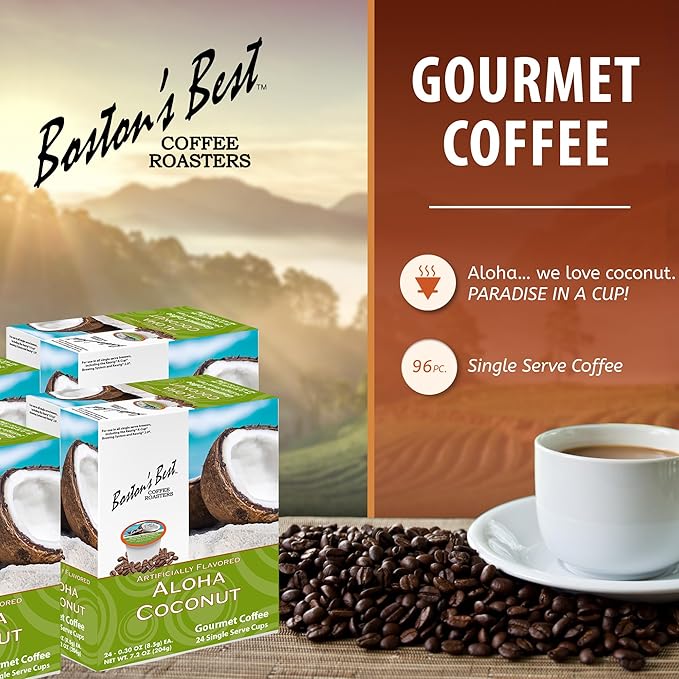 Boston’s Best - Aloha Coconut Flavored Delicious Gourmet Coffee Compatible with Keurig Coffee Maker, 24 Count (Pack of 4)