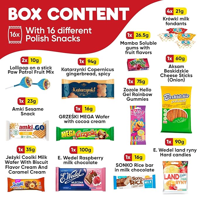 Authentic Polish Candy Snack Box - 15 Traditional Treats from Poland - Indulge in the Flavors of Poland with Wafers, Sesame snacks, Cookies & More! Perfect Poland Gifts