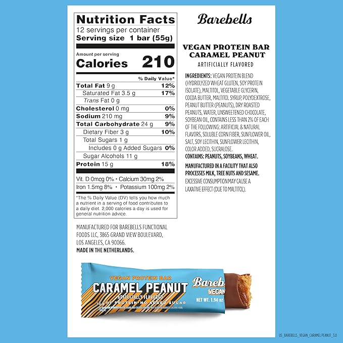 Barebells Plant Based Protein Bars, Peanut Caramel - 12 count, 15g of Plant-Based High Protein Treats - Chocolate Nutrition Bar with 1g Total Sugar - On The Go Breakfast or Post-Workout Snack