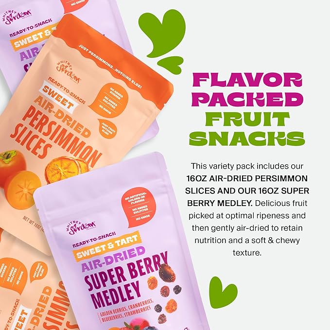 Whitney Jordan Naturals Air-Dried Fruit Variety Pack 16 Oz, Pack of 2 - Super Berry Medley & Persimmon Slices - Gluten-Free, Non-GMO, Vegan Snack - Real Fruit for Clean Snacking