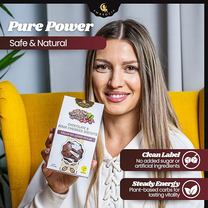Ambrozia Vegan Snack Biscuits – Chocolate & Sour Cherry - Soft Baked, No Added Sugar, Clean Label, High Fiber & Wholesome Ingredients, Kid-Friendly, Healthy Snacks for Active Lifestyles, 4 x 4.58 Oz