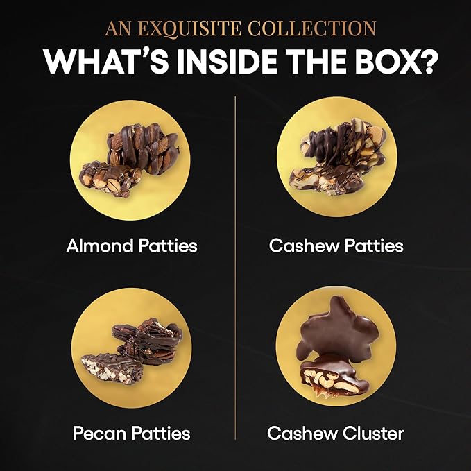 Nut Clusters Chocolate Gift Box - Assorted Caramel Brittles, Pecan Patties, Almond & Cashew Clusters, Kosher Dairy Free Nuts and Chocolates Basket, Dark Chocolate Covered Nuts Valentines Day Baskets Gifts