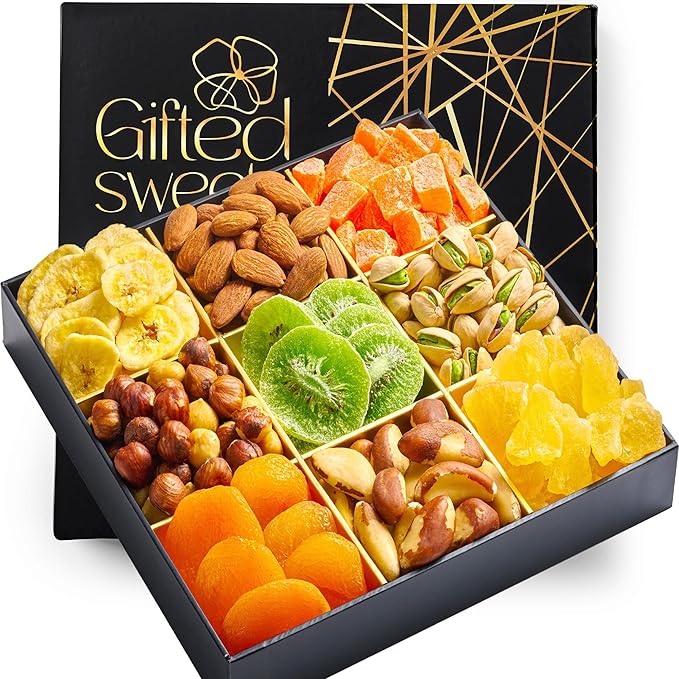 Valentines Day Dried Fruit & Nuts Gift Basket - 9 Variety Assortment Mix - Gourmet Dried Fruit and Nuts Snack Box, In An Elegant Gift Box for Birthday, Anniversary, Sympathy, for Men and Women