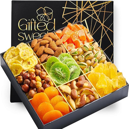 Valentines Day Dried Fruit & Nuts Gift Basket - 9 Variety Assortment Mix - Gourmet Dried Fruit and Nuts Snack Box, In An Elegant Gift Box for Birthday, Anniversary, Sympathy, for Men and Women
