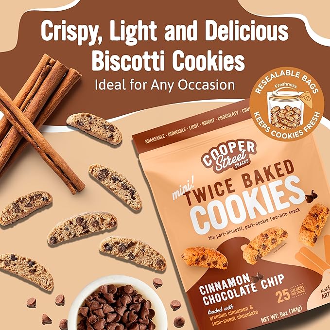 COOPER STREET Twice Baked Cinnamon Chocolate Biscotti Cookies - Crispy Mini Biscotti Cookies Ideal with Coffee - Traditional Low Calorie Italian Snacks - Kosher, Dairy, Peanut & Soy Free (6 Pack)