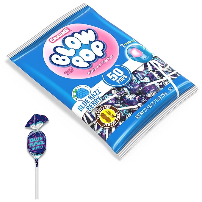 Charms Blow Pop Single Flavor Bag - Blue Raspberry Flavored Lollipops with a Bubble Gum Center - Individually Wrapped Hard Candy - Blue Candy - Peanut Free, Gluten Free, 50 Count (Pack of 1)