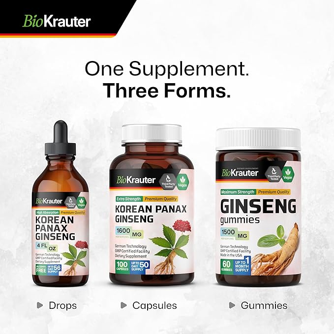 BIO KRAUTER® Ginseng Supplement - Pure Vegan Liquid Drops Korean Red Ginseng 696 mg per Serving 4 Fl.Oz 56-Day Supply - Used for Energy, Focus, Performance & Immune Support - Alcohol & Sugar Free