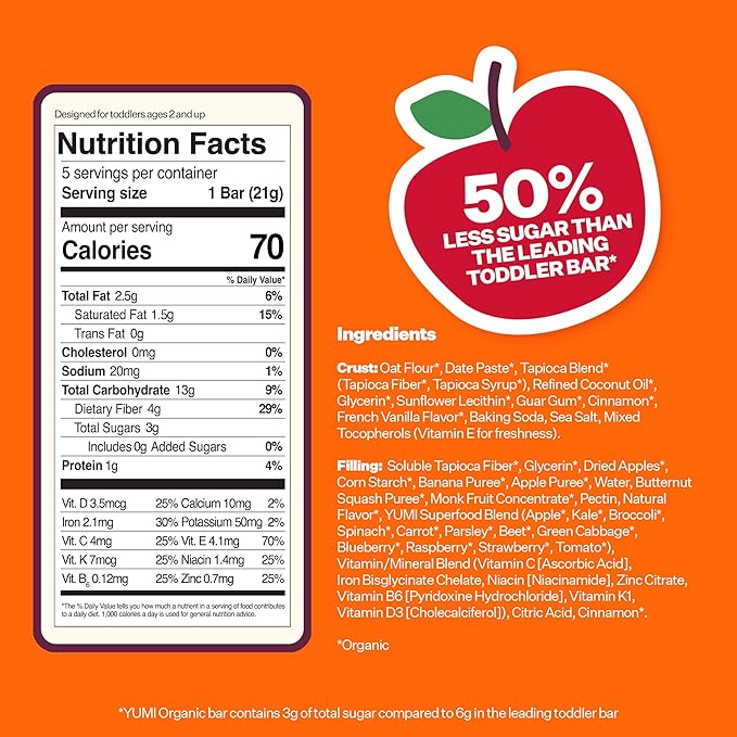 Yumi Organic Toddler Snacks Bars - Gluten-Free, No Added Sugar, 7+ Vegetables, Soft-Baked Crust Yumi Bars, Healthy Toddler Organic Snacks - School Safe and for Lunch Boxes, Apple Cinnamon & Squash (30ct.)