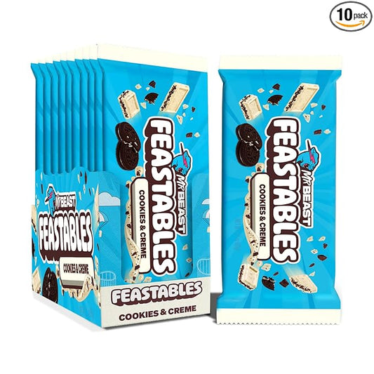 Feastables MrBeast Cookies & Creme Chocolate Bar, New Flavor, King Size Candy Bar for Adults & Kids, Candy Bars for Snacks, Gifts, or Dessert, Sweet & Creamy Fairtrade Cocoa, 2.1 Oz Each, 10 Count