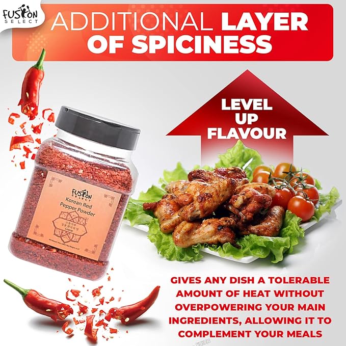 Fusion Select Korean Premium Non-GMO Gluten Free Red Chili Pepper Flakes Powder, Crushed Red Pepper Premium Gochugaru For Kimchi Seasoning, Chicken, Pork, Fish, Vegetables Hot Pepper Flakes (6 Oz Jar)