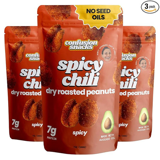 Confusion Snacks Chili Spiced Spicy Peanuts – Gluten Free, High Protein Snacking, Seed Oil Free Snacks, Dry Roasted Flavored Nuts, Hot Flavors, Vegan, 3-Pack