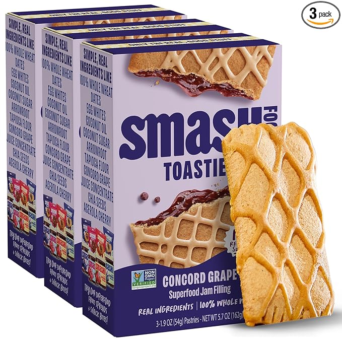 Smash Foods Toasties Variety 3 Pack – Healthy Whole Wheat Toaster Pastries Strawberry, Blueberry, Grape – No Refined Sugar, Real Fruit Filling – 9 Pastries Total – Non-GMO, Simple Real Ingredients (Grape)