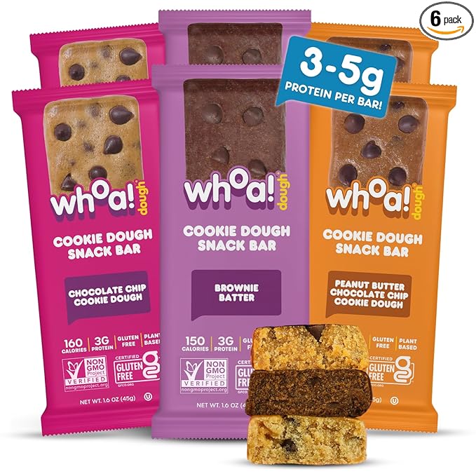 Whoa Dough Best Sellers Edible Cookie Dough Bars- Certified Non-GMO, Kosher and Gluten Free Bars - Healthy Snack Foods - Plant Based Snacks - Real Ingredients - Variety Pack (6 Bars)