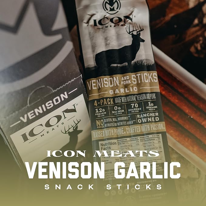 ICON Meats Venison and Pork Snack Sticks, Garlic, 6 Pack High Protein Snacks, 4 Meat Sticks per Pack, Zero Sugar, Gluten Free, Natural, USDA Inspected, Made in the USA, Gifts & Stocking Stuffers