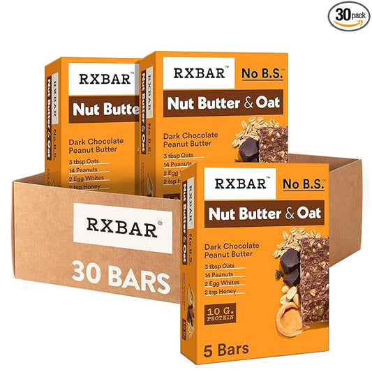 RXBAR Nut Butter and Oat Protein Bars, Protein Snacks, Dark Chocolate Peanut Butter (6 Boxes, 30 Bars)