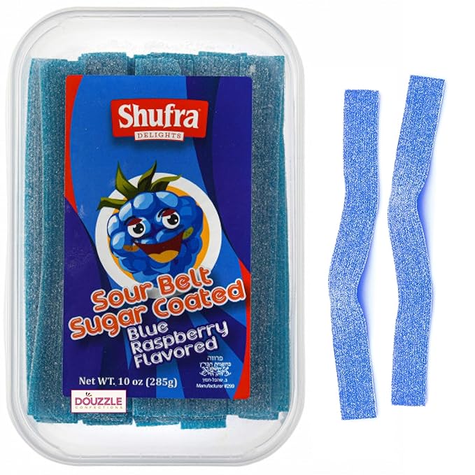 DOUzzle Valentines Day Sweet Treats, Sour Belts Chewy Candy Strips Blue Raspberry Sour Belts (10 OZ - Pack of 1) Goodie Bag Stuffer, Pinata Filler - Kosher Parve