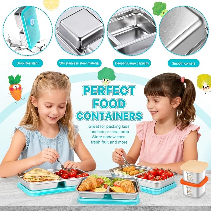 8PCS Stainless Steel Snack Containers — Double Compartment Lunch Boxes + 4Small Sauce Cups | 304 Food-Grade | Reusable, Stackable & Dishwasher Safe | Leak-Resistant Lids for Travel, Kids Lunches