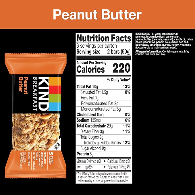 KIND Breakfast Bars, Peanut Butter, Healthy Snacks, Gluten Free, 100% Whole Grains, 5g Protein, 30 Count
