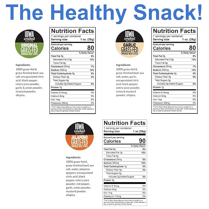 Beef Jerky Variety Pack, Iowa Smoked Recipe 3 Flavors, No Sugar, Non-GMO, 100% Grass Fed Beef Sticks. No Nitrates, Gluten, Soy, MSG, Dairy, or Nuts. Paleo, Whole30 and Keto Snack. Low Calorie High Protein Meat Stick (4 Original, 4 Garlic, 4 Jalapeño, 1...