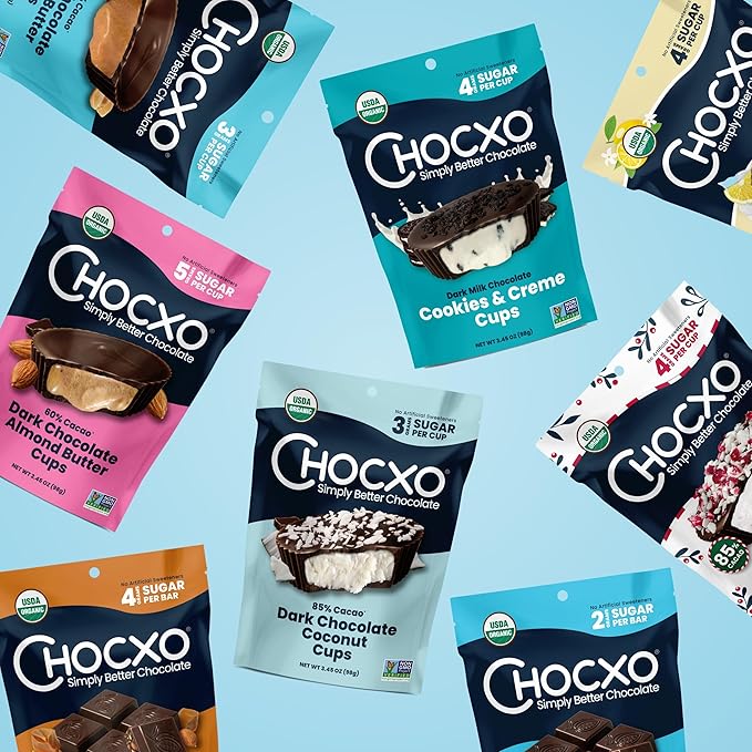 Chocxo Dark Milk Chocolate Cookies & Crème Cups - Lower Sugar, 69% Organic Cacao, NonGMO, Keto, Gluten Free, Kosher, No Artificial Sweeteners/Sugar Alcohols, 3.45 oz (Pack of 6)