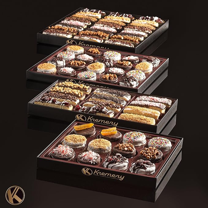 KREMERY Creamy Chocolate Cravings - Valentines Day Chocolate Covered Biscotti Cookies Gift Basket, in Elegant Gift Box (24 Biscotties, Assorted Sweet Toppings) Sweet Treats Food Arrangement, Kosher
