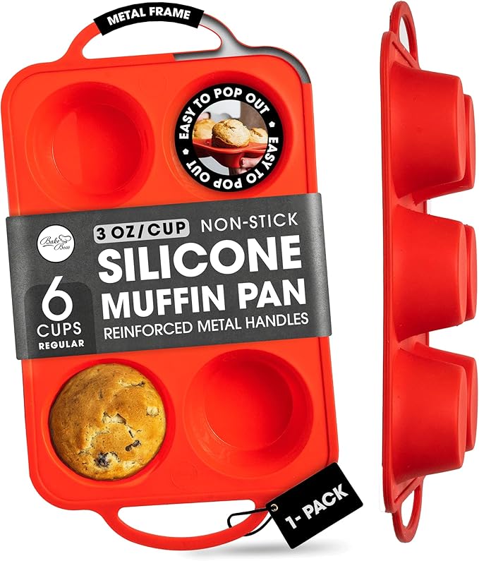 BAKE BOSS Regular Size 6 Cup Muffin Pan – Silicone Muffin Pans for Baking with Metal Handles – Nonstick Silicone Cupcake Pan, Easy-Release, BPA-Free Muffin Tray, Oven & Dishwasher Safe – Red