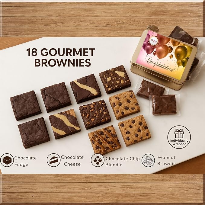 Congratulations Gift Basket - 8 Individually Wrapped Brownies Freshly Baked in a Variety of Flavors - Dulcet's Signature Flavored Fudge Brownies - Gift Box Comes with Congratulations Card