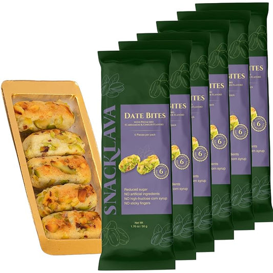 Snacklava Pistachio Date Bites with Cardamom - 6 Pack (18 Pieces) - Pistachio and Date Filled Maamoul Shortbread Cookies - No Artificial Ingredients, Colors or Preservatives
