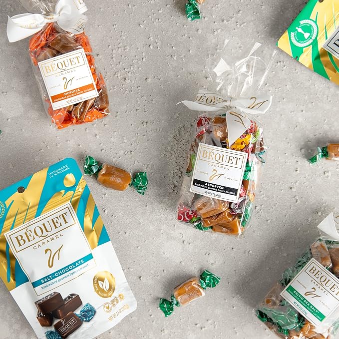 Béquet Caramel - Salt Chocolate Caramel - Caramel Candy Individually Wrapped - Gourmet Caramel Candy - Made in Montana - Kosher (Star-D) and Gluten Free - 8 oz Gift Bag
