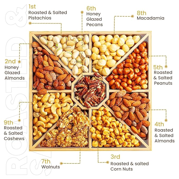 Gourmet Mixed Nuts Gift Basket in Sleek Bamboo Wood Reusable Platter | XL 2 lb Platter Includes 9 Assortments of Premium Nuts, Kosher