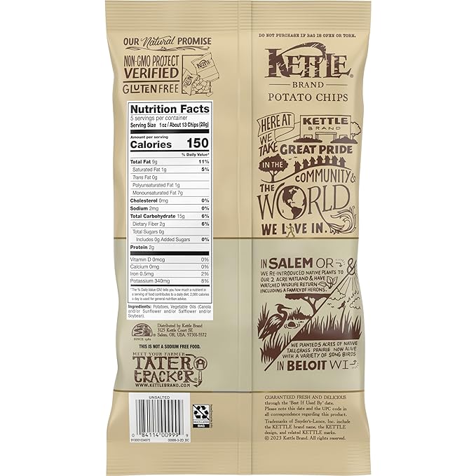 Kettle Brand Potato Chips, Unsalted Kettle Chips, 5 Oz (Pack of 15)
