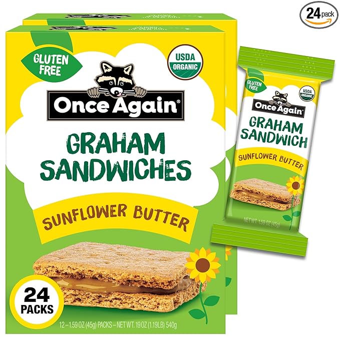 Once Again Sunflower Butter Graham Sandwiches - Gluten Free Snacks for Kids & Adults - Sandwich Crackers with Organic Sunflower Seed Butter - Vegan, Nut Free Snacks for Lunch & School, 24 Count