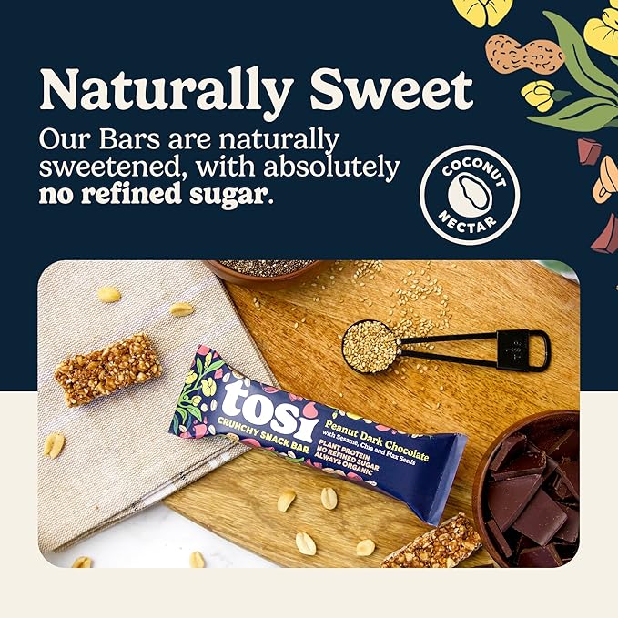 Tosi Nut Bars, Peanut Dark Chocolate, Healthy Snacks for Adults & Kids, Plant Based Crunchy Bars (7G Protein), Organic Keto Snacks, Vegan, Gluten & Soy Free, Low Sugar, Omega 3s, 1oz, 12-Pack