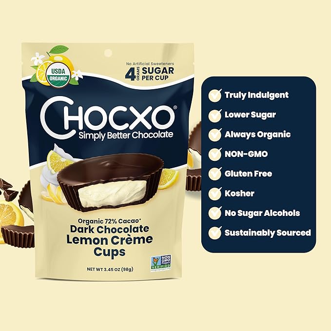 Chocxo Dark Chocolate Lemon Crème Cups - Lower Sugar, Organic 72% Cacao, NonGMO, Keto, Gluten Free, Kosher, No Artificial Sweeteners/Sugar Alcohols, 3.45 oz (Pack of 6)